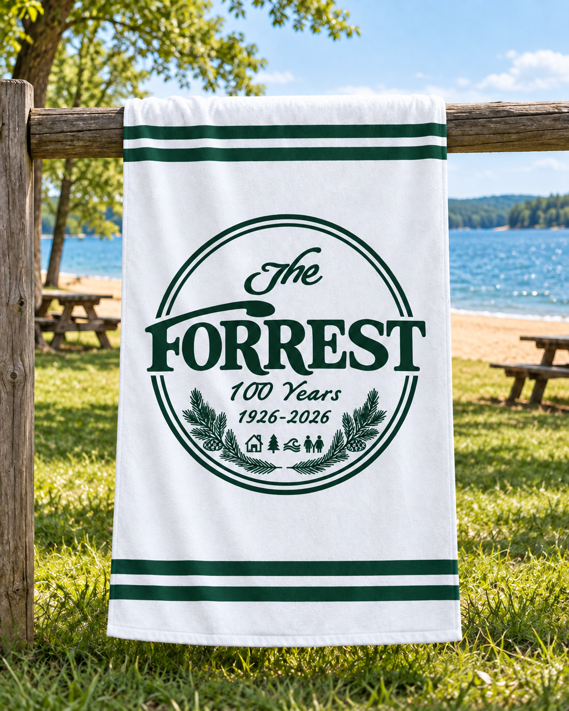 White PT44 beach towel with The Forrest 100 Years emblem in Forrest green and two green stripes at each end.