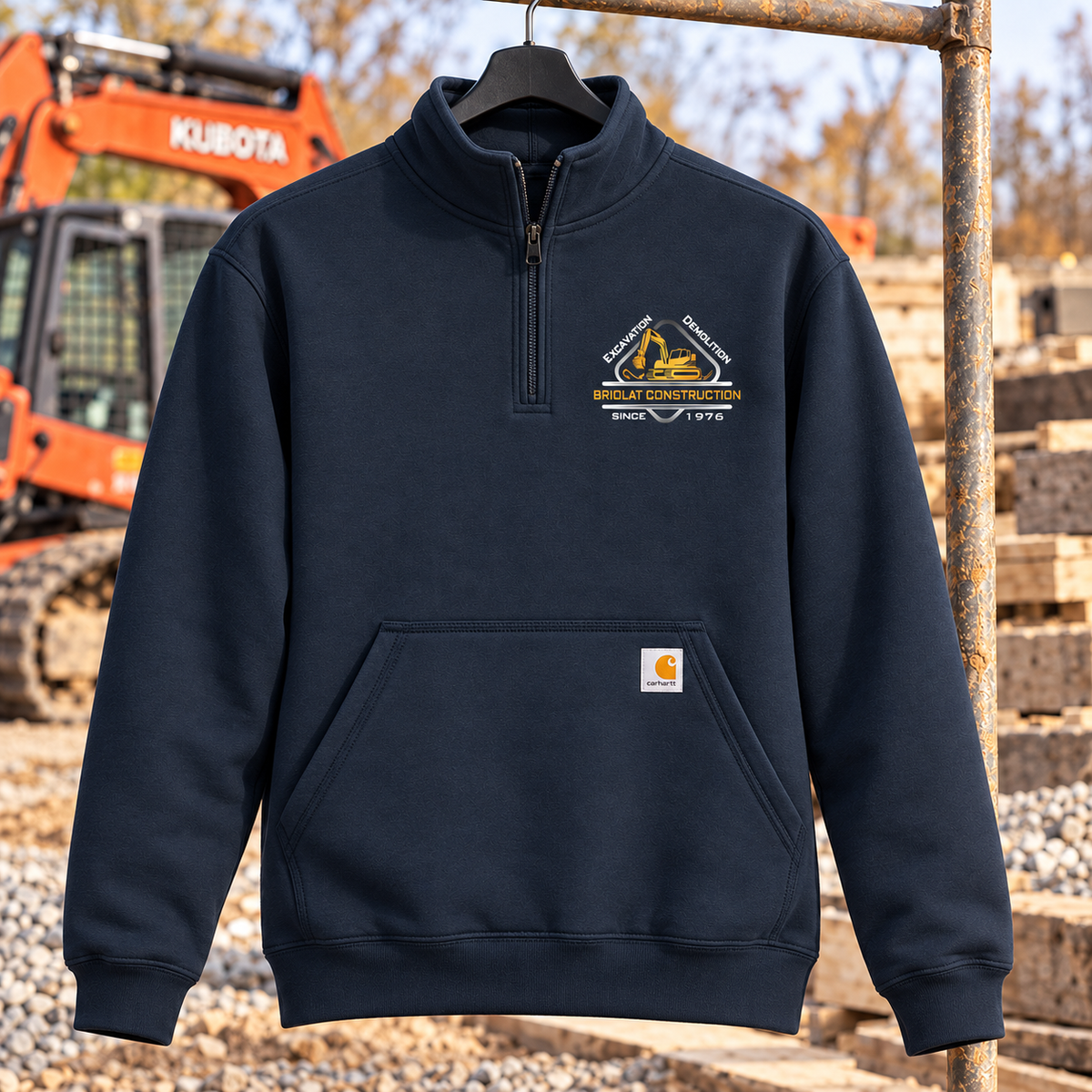 Briolat Construction CT105294 New Navy quarter-zip, classic truck logo printed on left chest only — jobsite mockup