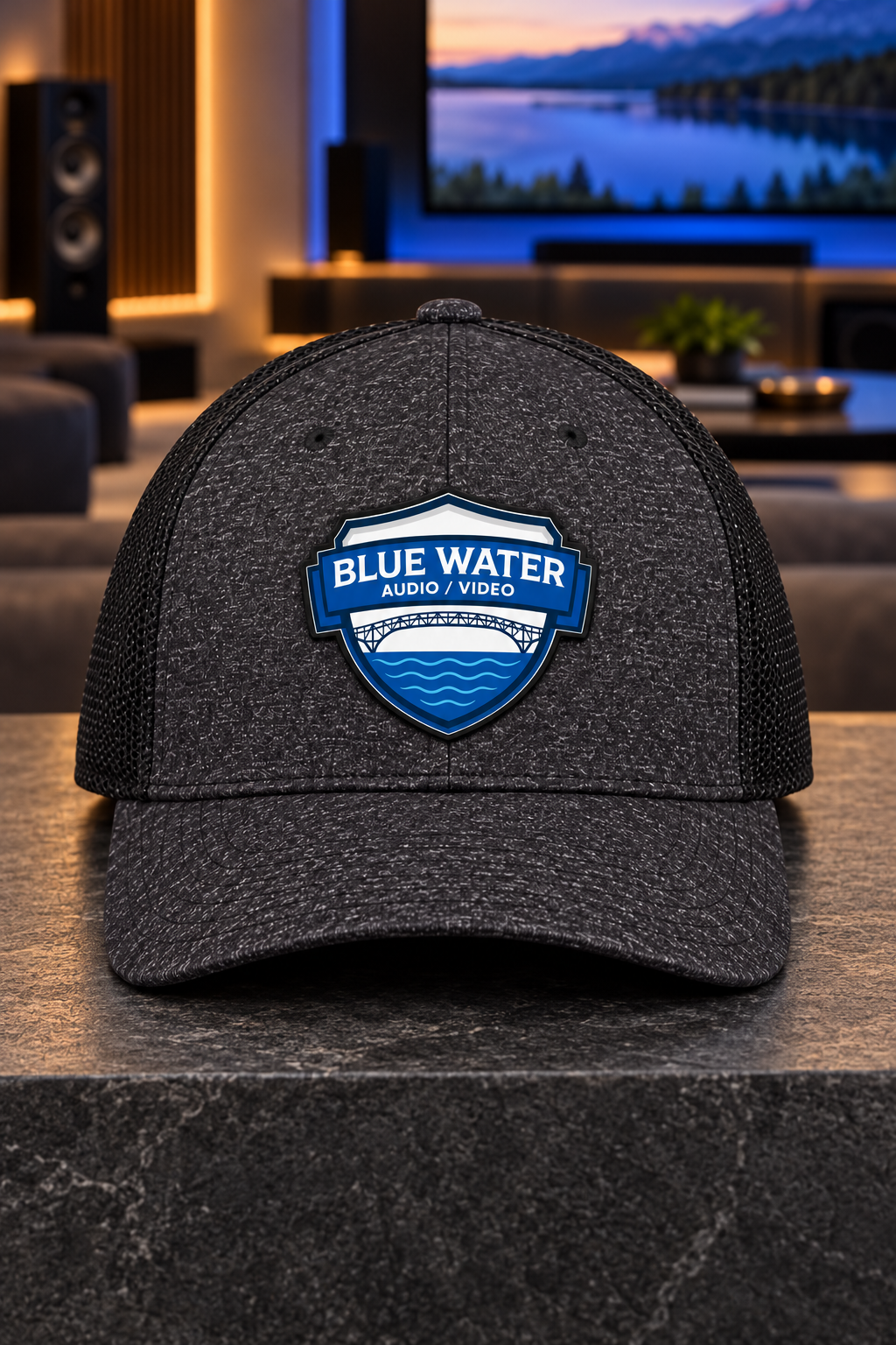 Black / Dark Charcoal Heather | ACE Signature UV patch | Blue Water Audio / Video C302 | Centered front view