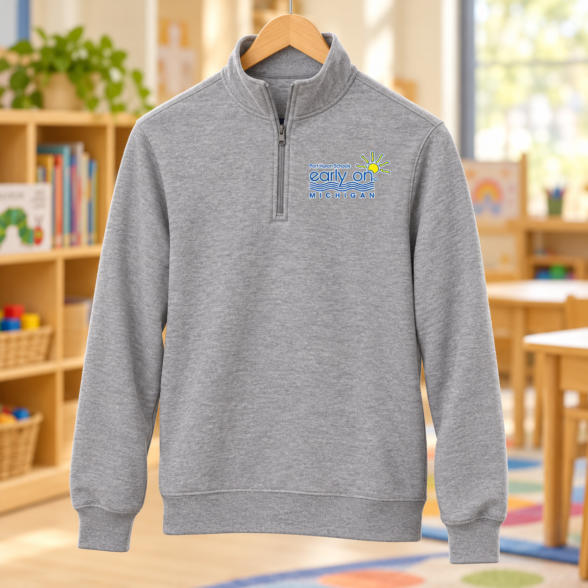 Early On ST253 athletic heather embroidered in an early childhood classroom