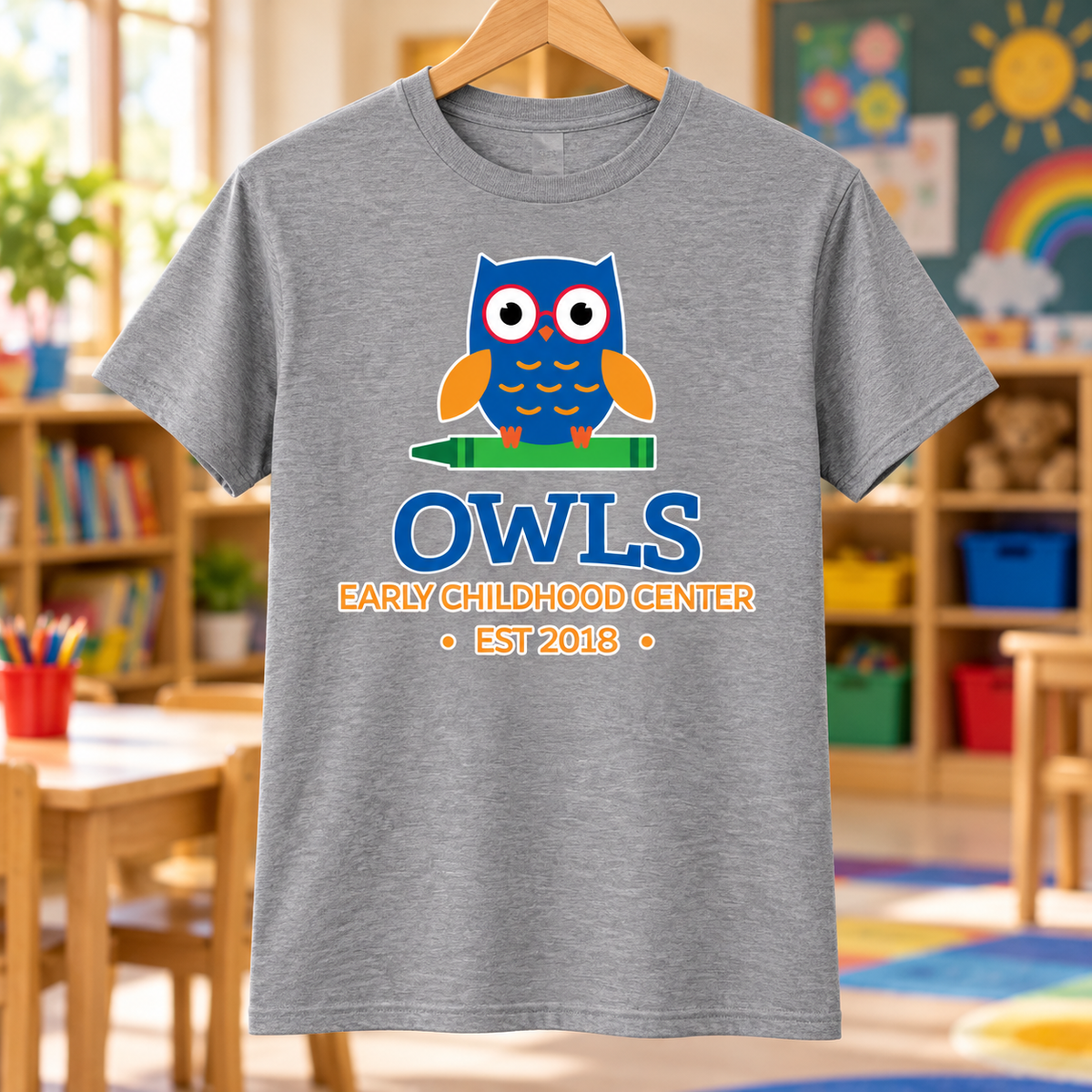 Early Childhood Center PC55 owls heather school background apparel mockup
