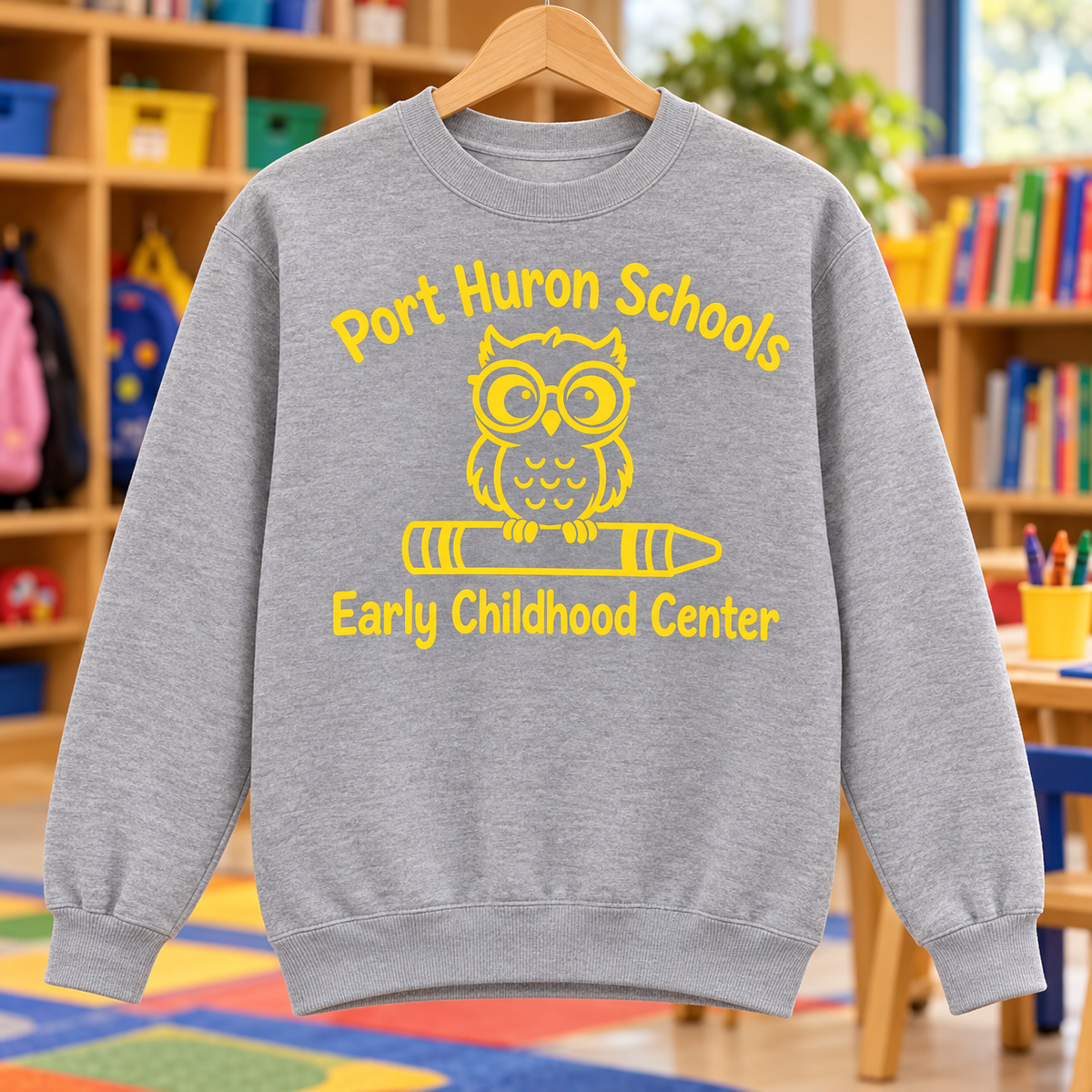 Athletic Heather | Yellow School Owl | PC78 crewneck front in classroom