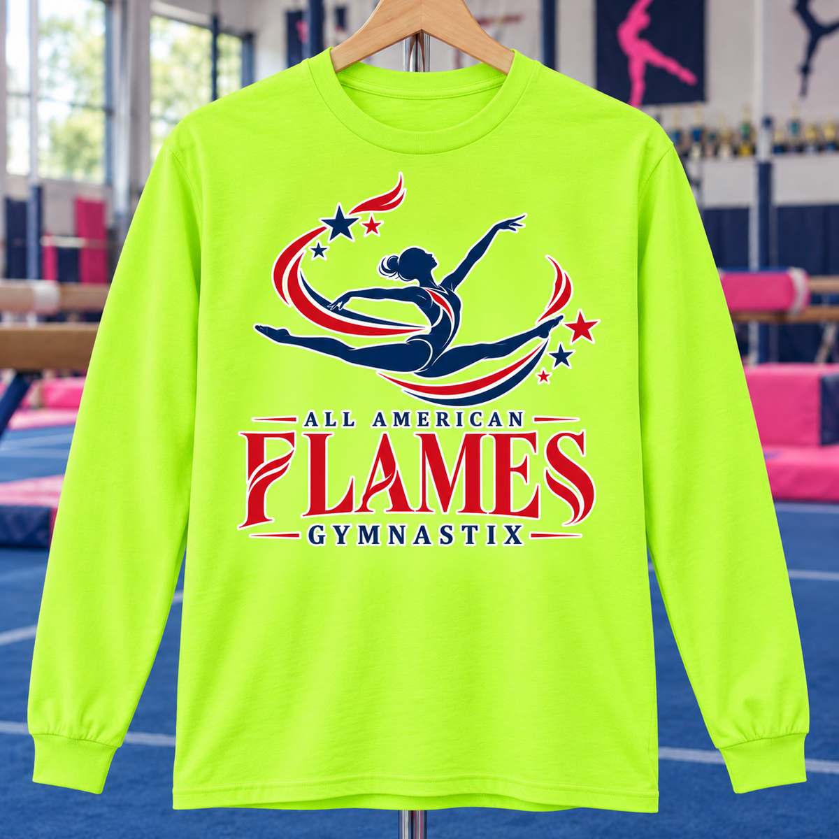 PC55LS | Safety Green | Stars in Motion | All American Flames Gymnastix