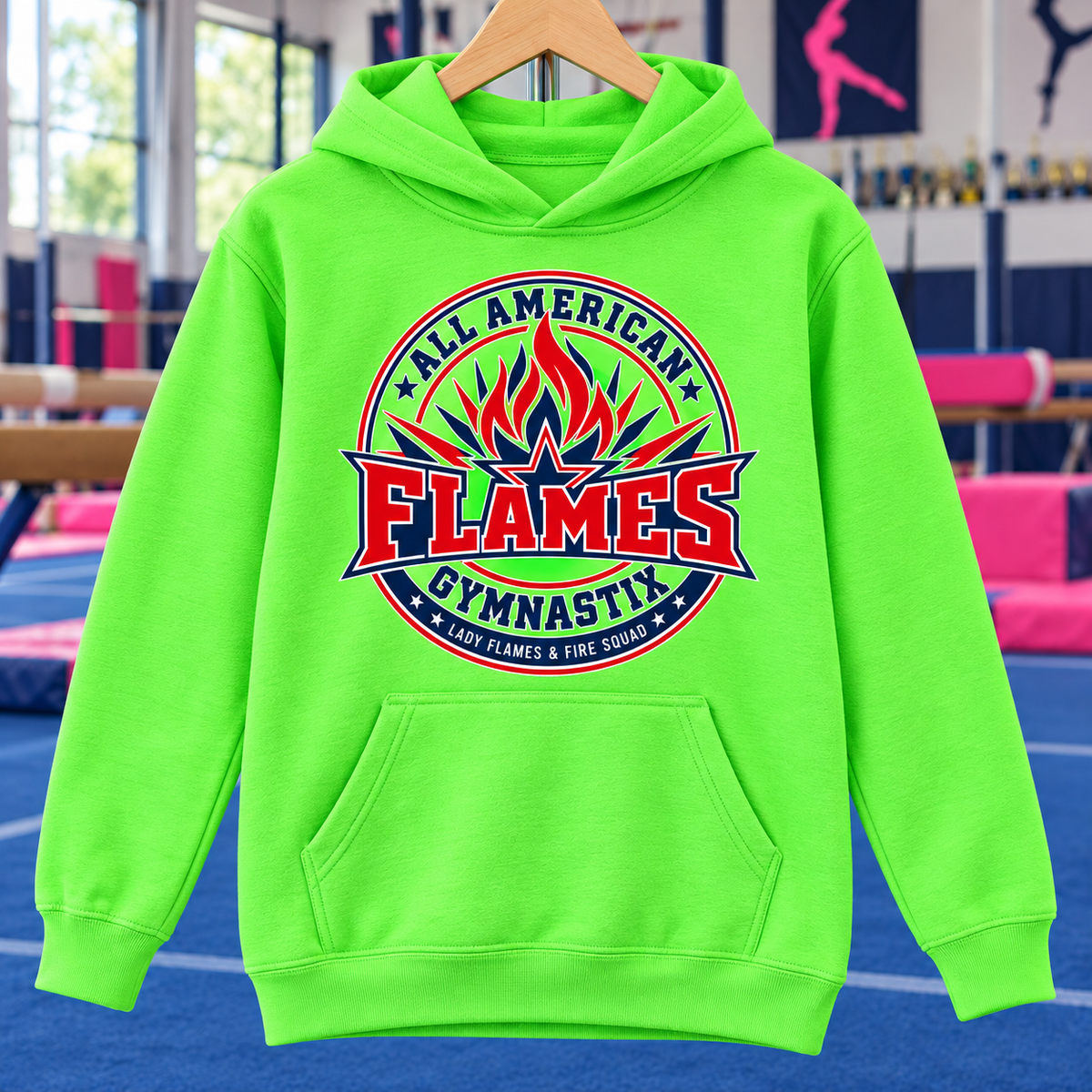 PC78YH | Neon Green | Flame Crest | All American Flames Gymnastix