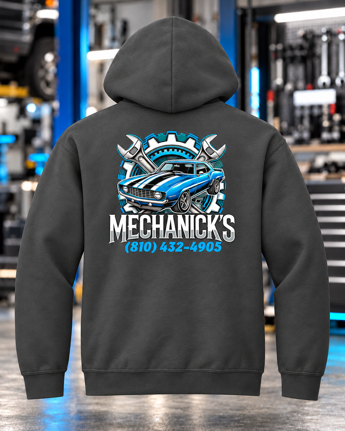 MechaNick’s hoodie charcoal back garage collection
