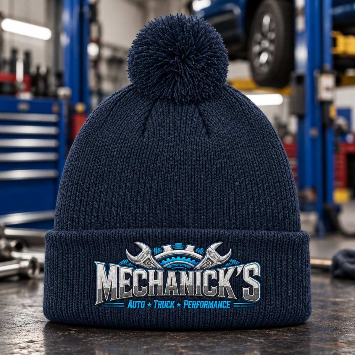 MechaNick’s River Blue Navy pom beanie with embroidered new crest