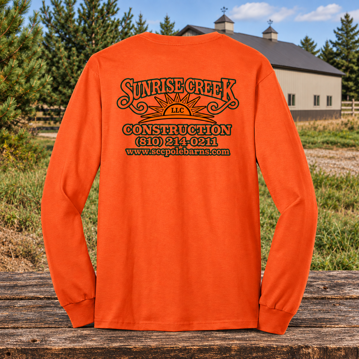 Sunrise Creek — PC55LS — Safety Orange — Back — barn and timber mockup