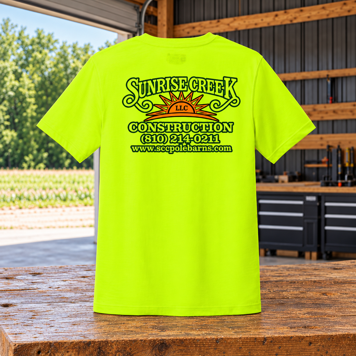 Sunrise Creek — CT106020 — Bright Lime — Back — barn and timber mockup
