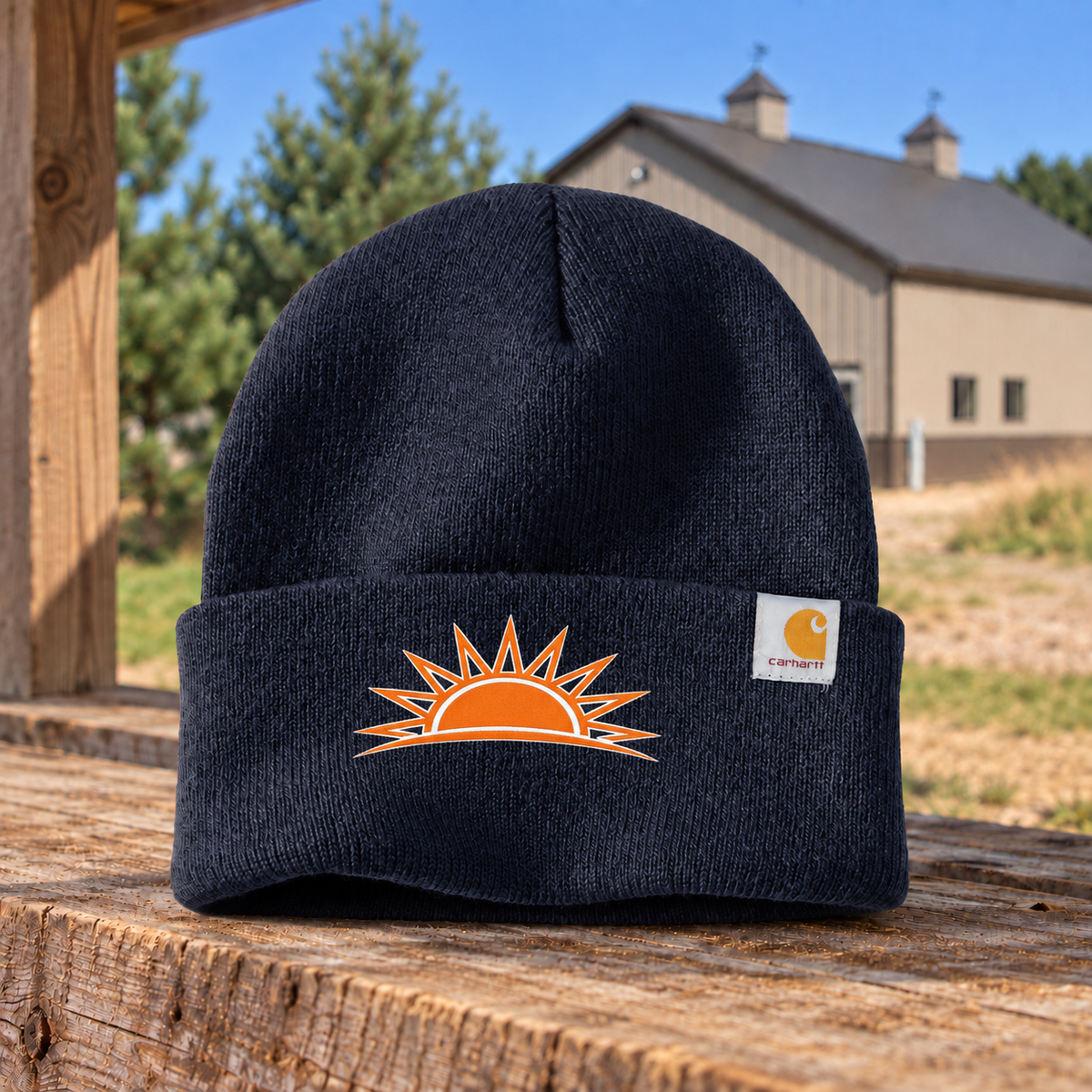 Sunrise Creek CT104597 in Navy — front view against a pole barn and weathered timber
