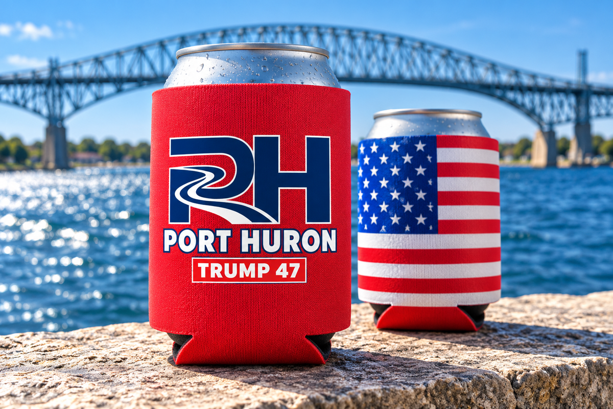 Port Huron Modern can cooler: printed solid red front and untouched American flag back