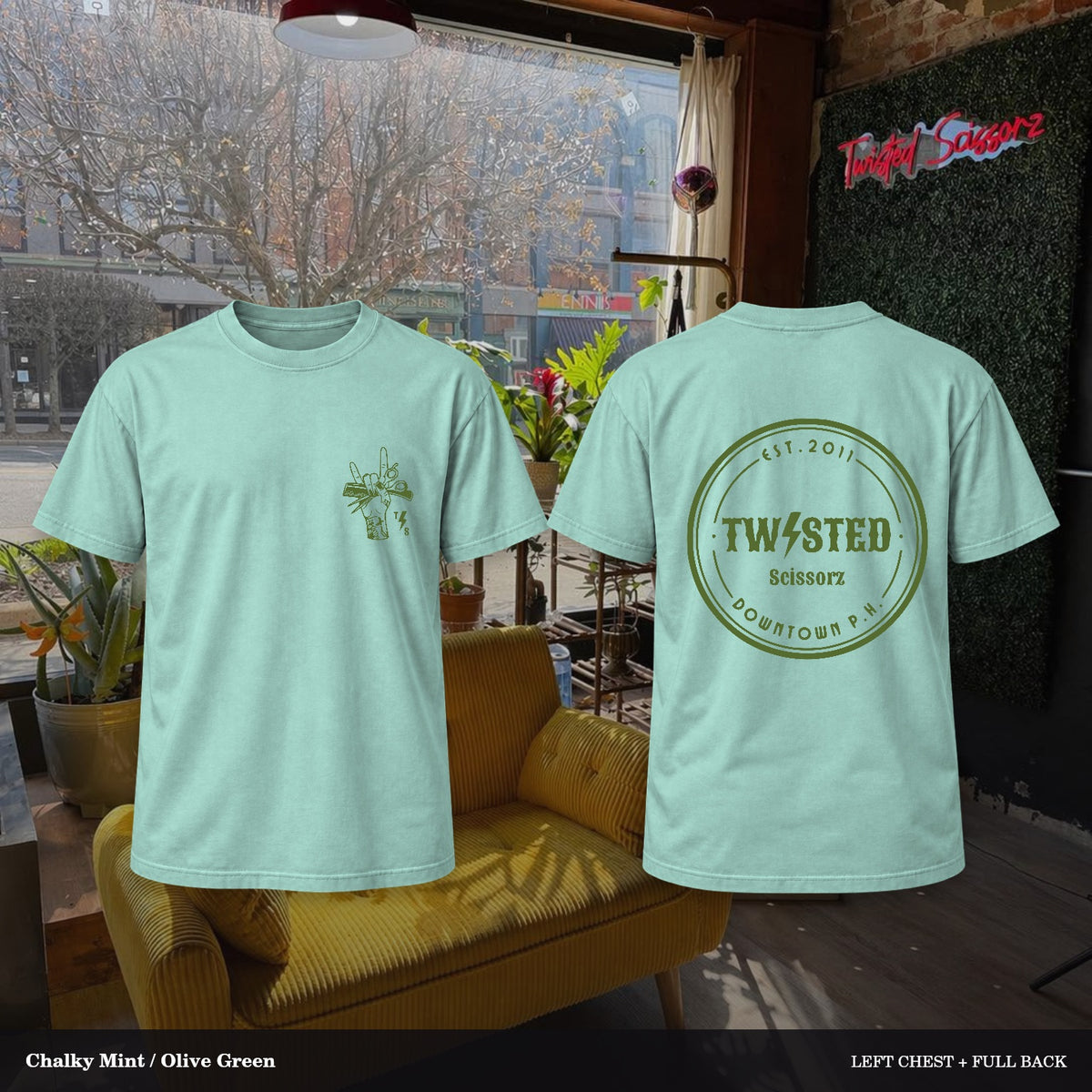 Twisted Scissorz Comfort Colors 1717 — Chalky Mint, Olive Green artwork; left-chest crest and full back in the salon