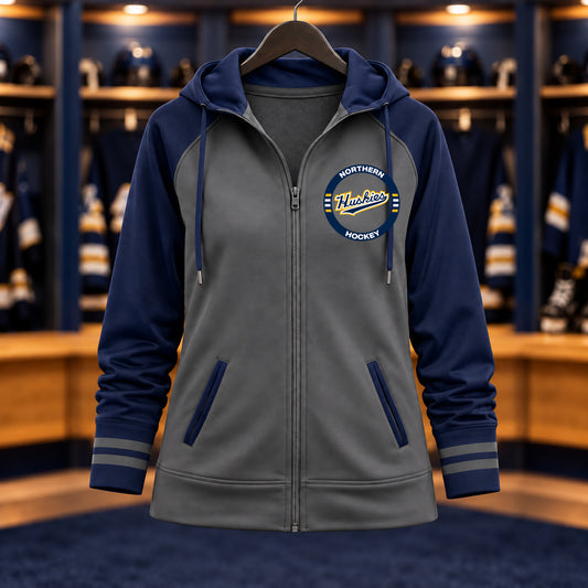 Northern Hockey · Ladies’ Varsity Full-Zip Hoodie — Dark Smoke Grey/ Navy — Huskies Circle