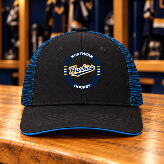Northern Hockey hat — Black/ Shock Blue — ACE Signature UV Patch — Huskies Circle