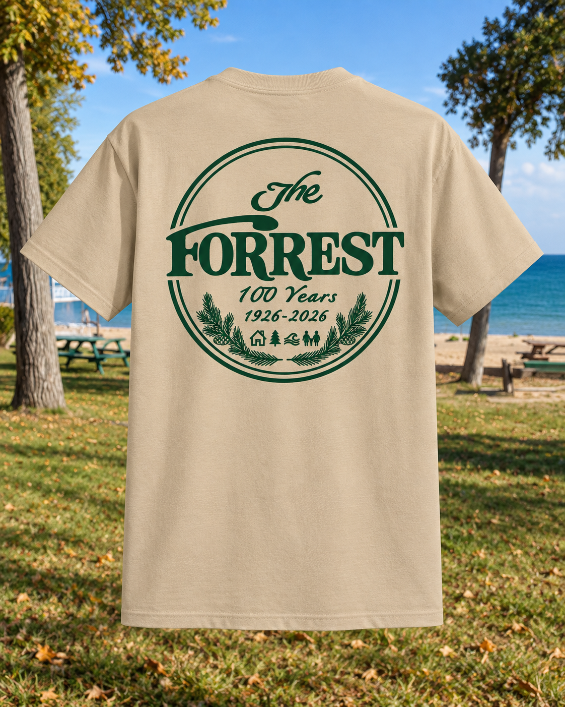 Back of Sand T-shirt with The Forrest 100 Years forest green centennial emblem.