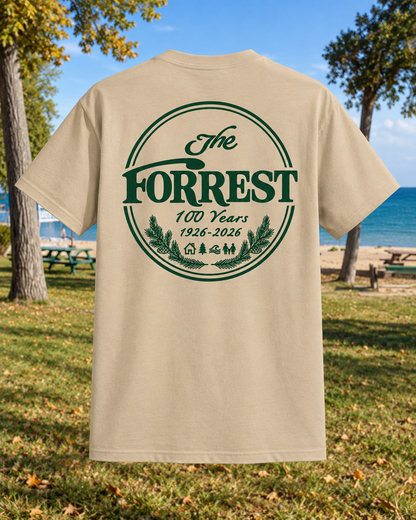 Back of Sand T-shirt with The Forrest 100 Years forest green centennial emblem.