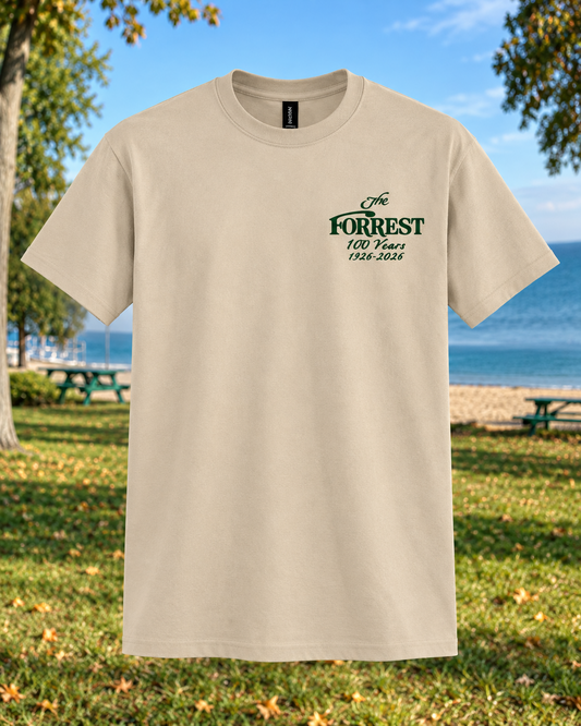 Sand Gildan 8000 T-shirt with The Forrest 100 Years forest green left-chest crest.