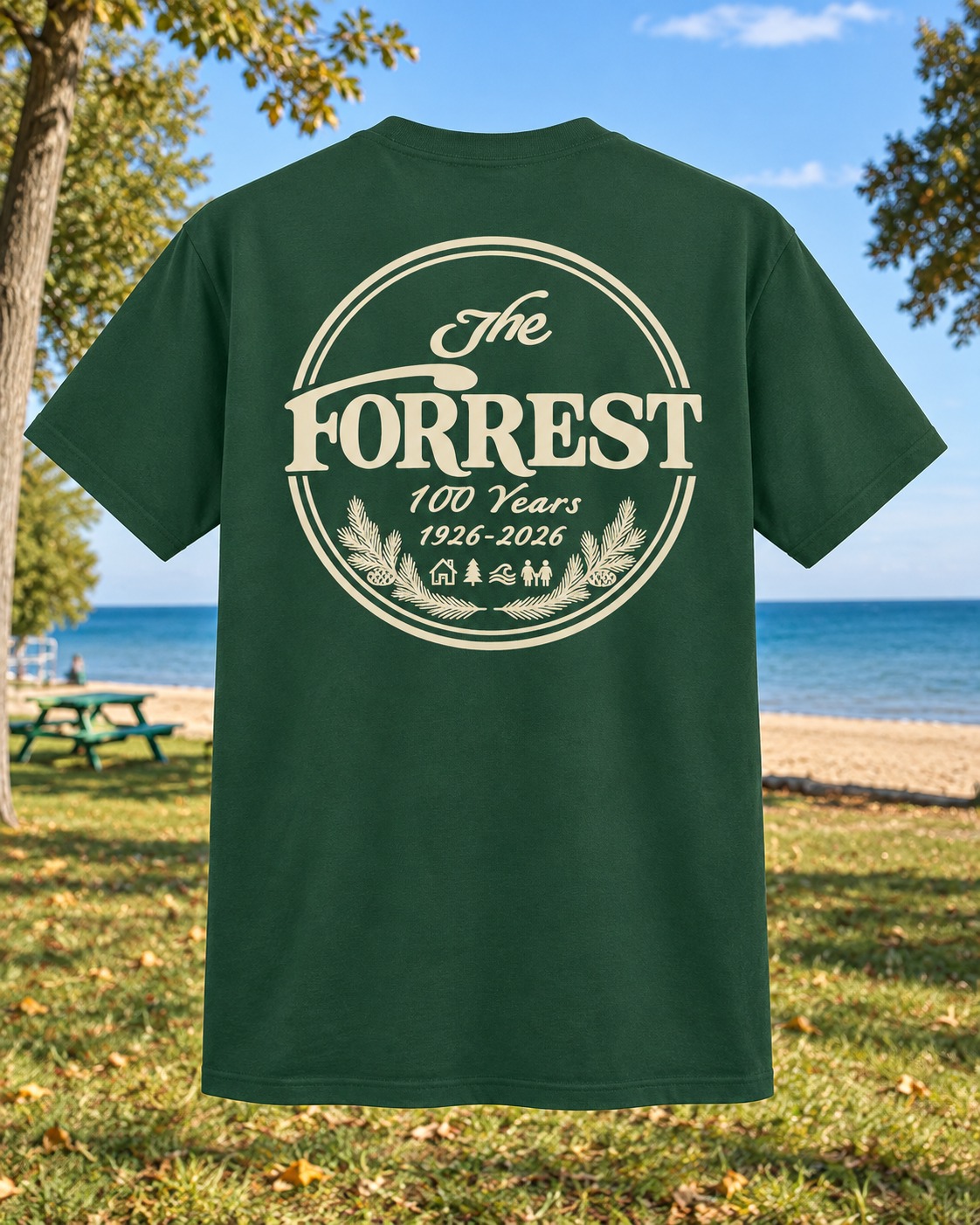 Back of Dark Green T-shirt with The Forrest 100 Years sand-colored centennial emblem.