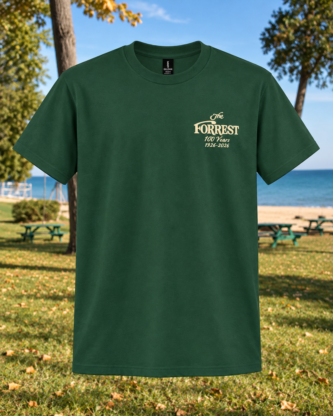 Dark Green Gildan 8000 T-shirt with The Forrest 100 Years sand-colored left-chest crest.