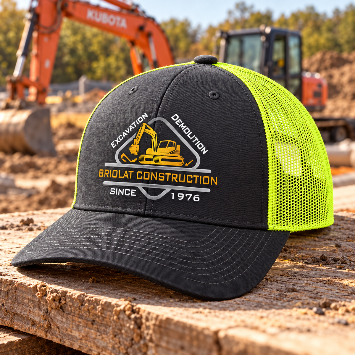 Briolat Construction C402 classic logo – Grey Steel / Neon Yellow – front jobsite mockup