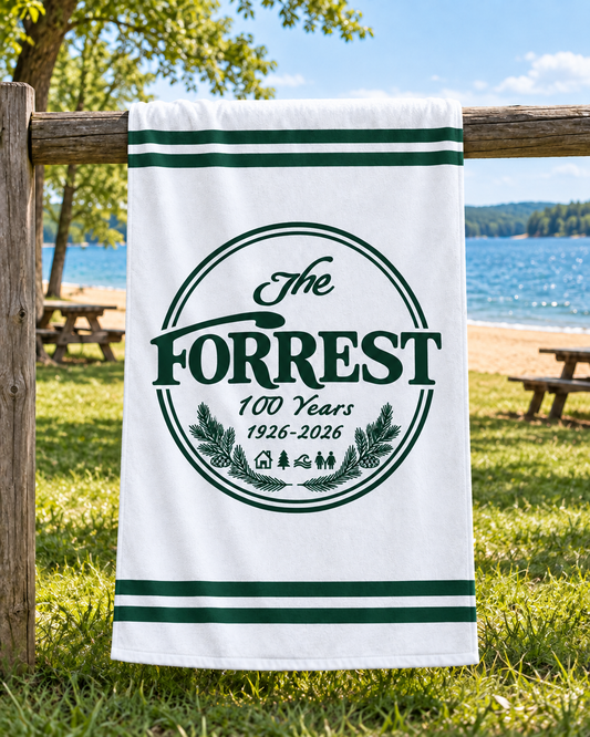 White PT44 beach towel with The Forrest 100 Years emblem in Forrest green and two green stripes at each end.