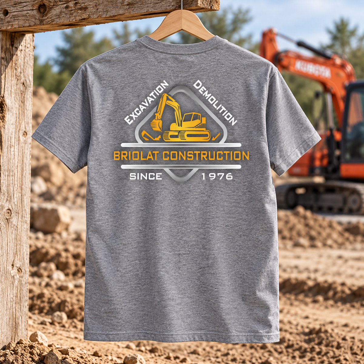 Briolat Construction PC55 classic logo – Athletic Heather – back jobsite mockup