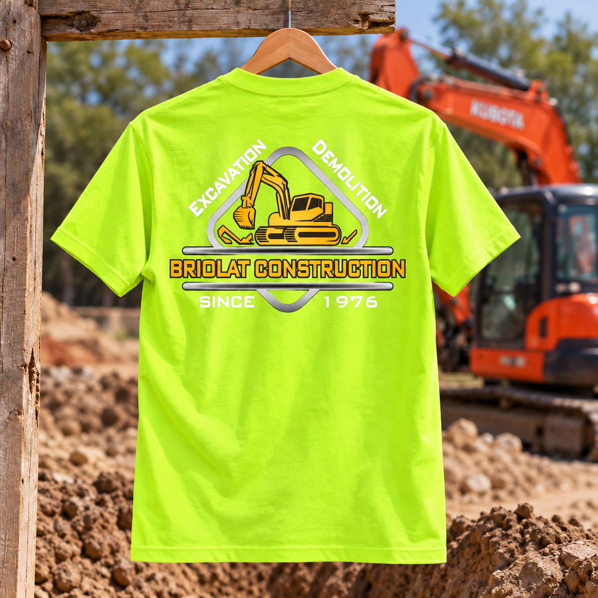 Briolat Construction PC55 classic logo – Safety Green – back jobsite mockup