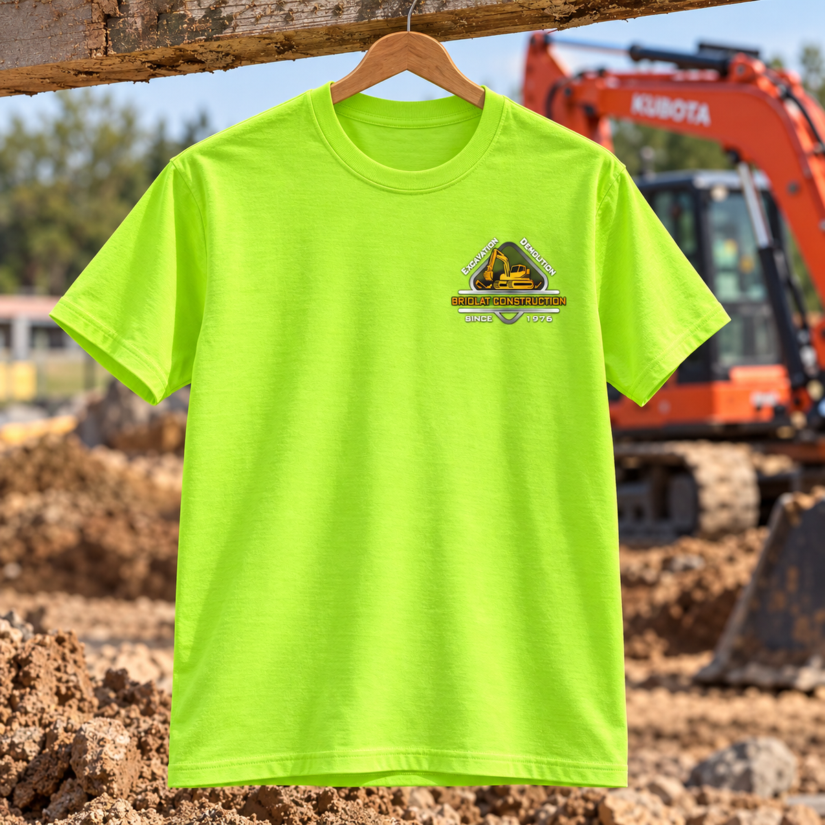 Briolat Construction PC55 classic logo – Safety Green – front jobsite mockup