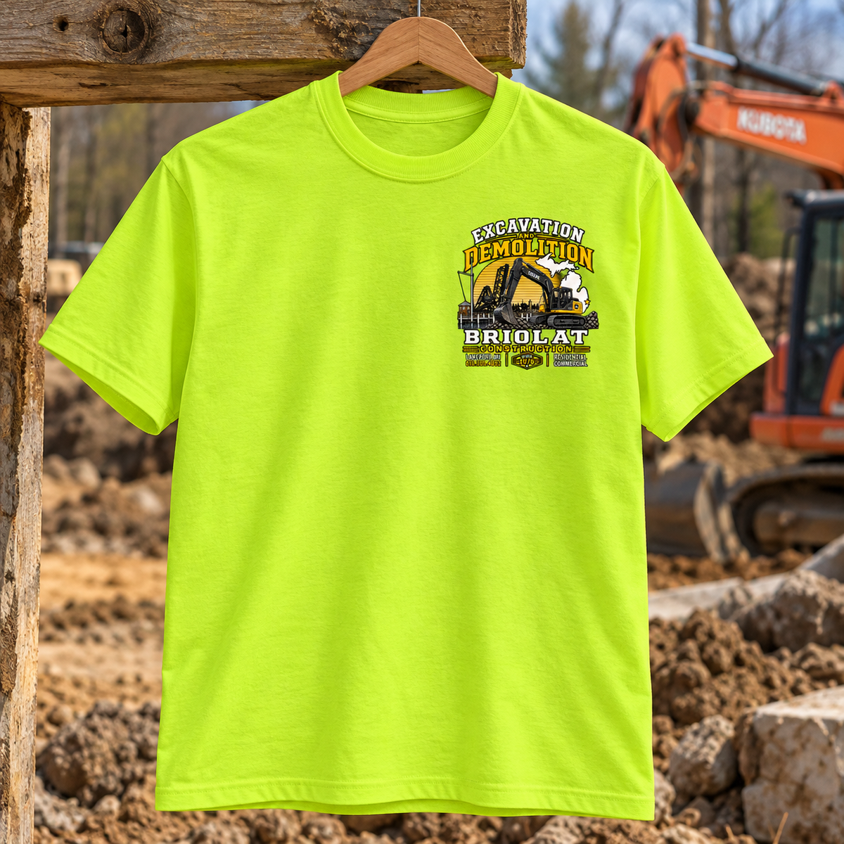 Briolat Construction PC55 new logo – Safety Green – front jobsite mockup
