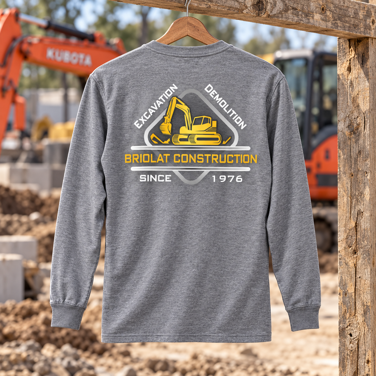 Briolat Construction PC55LS classic logo – Athletic Heather – back jobsite mockup