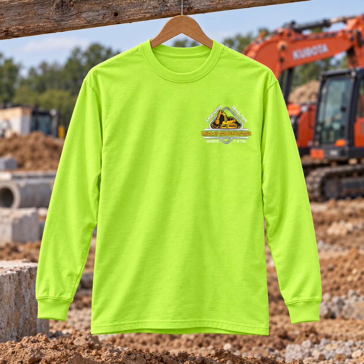 Briolat Construction PC55LS classic logo – Safety Green – front jobsite mockup