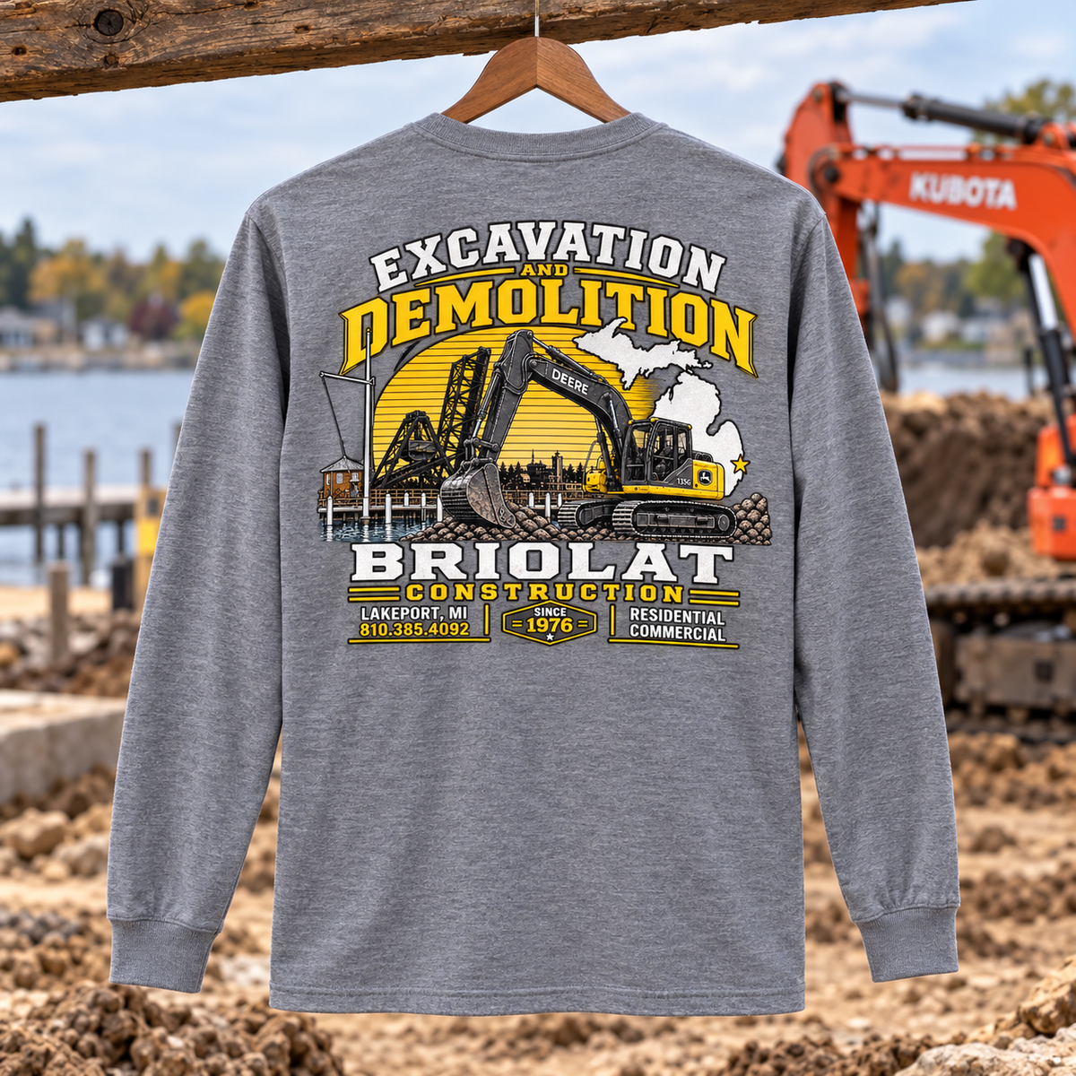 Briolat Construction PC55LS new logo – Athletic Heather – back jobsite mockup