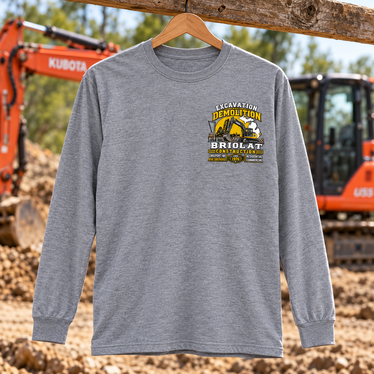 Briolat Construction PC55LS new logo – Athletic Heather – front jobsite mockup