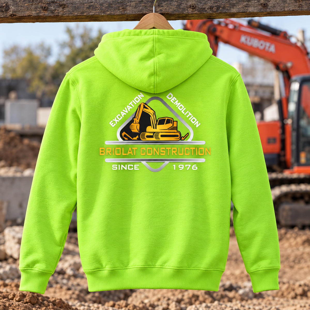 Briolat Construction PC78H classic logo – Safety Green – back jobsite mockup