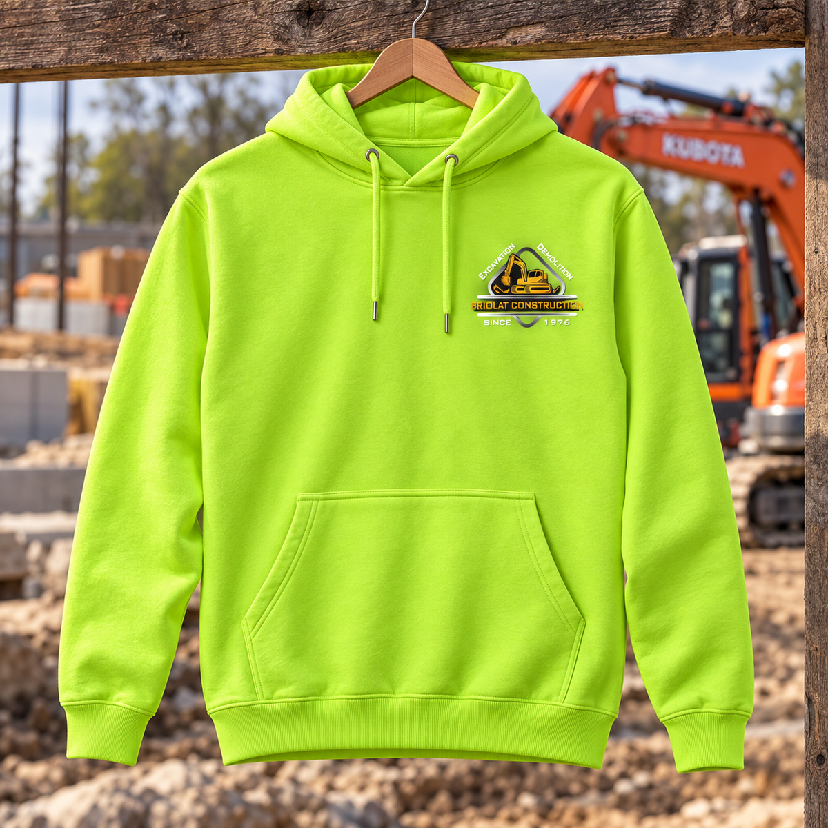 Briolat Construction PC78H classic logo – Safety Green – front jobsite mockup