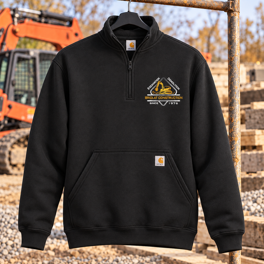 Briolat Construction CT105294 Black quarter-zip, classic truck logo printed on left chest only — jobsite mockup