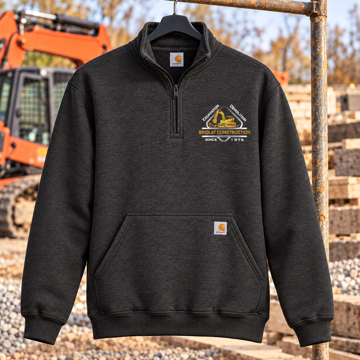 Briolat Construction CT105294 Carbon Heather quarter-zip, classic truck logo printed on left chest only — jobsite mockup