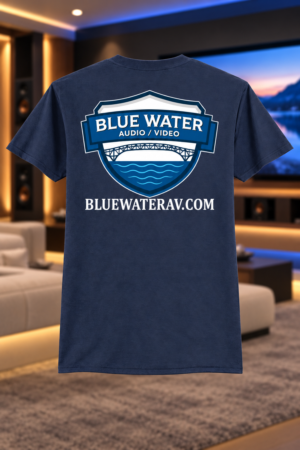 Navy | Back | Blue Water Audio / Video logo with website