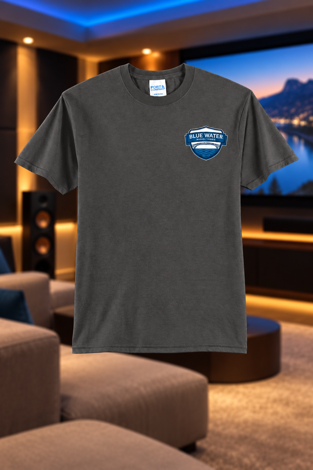 Charcoal | Front | Blue Water Audio / Video left chest crest