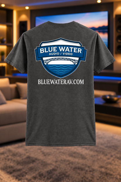 Charcoal | Back | Blue Water Audio / Video logo with website