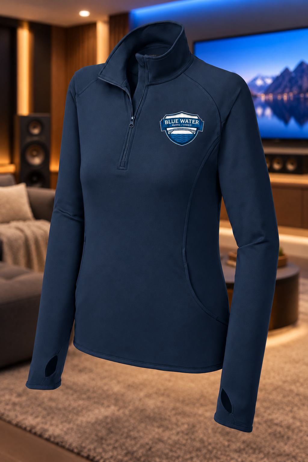 True Navy | Front | Blue Water Audio / Video women's pullover — proposed, pending approval | Embroidery