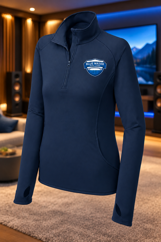 True Navy | Front | Blue Water Audio / Video women's pullover — proposed, pending approval | Full-color print