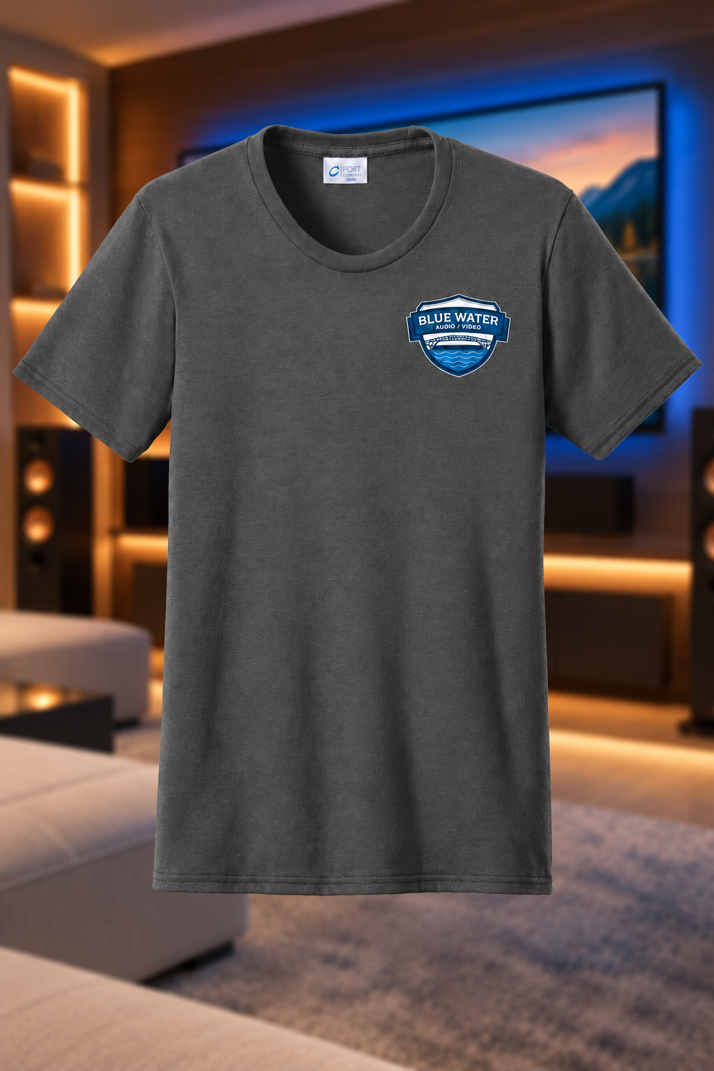Charcoal | Front | Blue Water Audio / Video women's tee — proposed, pending approval