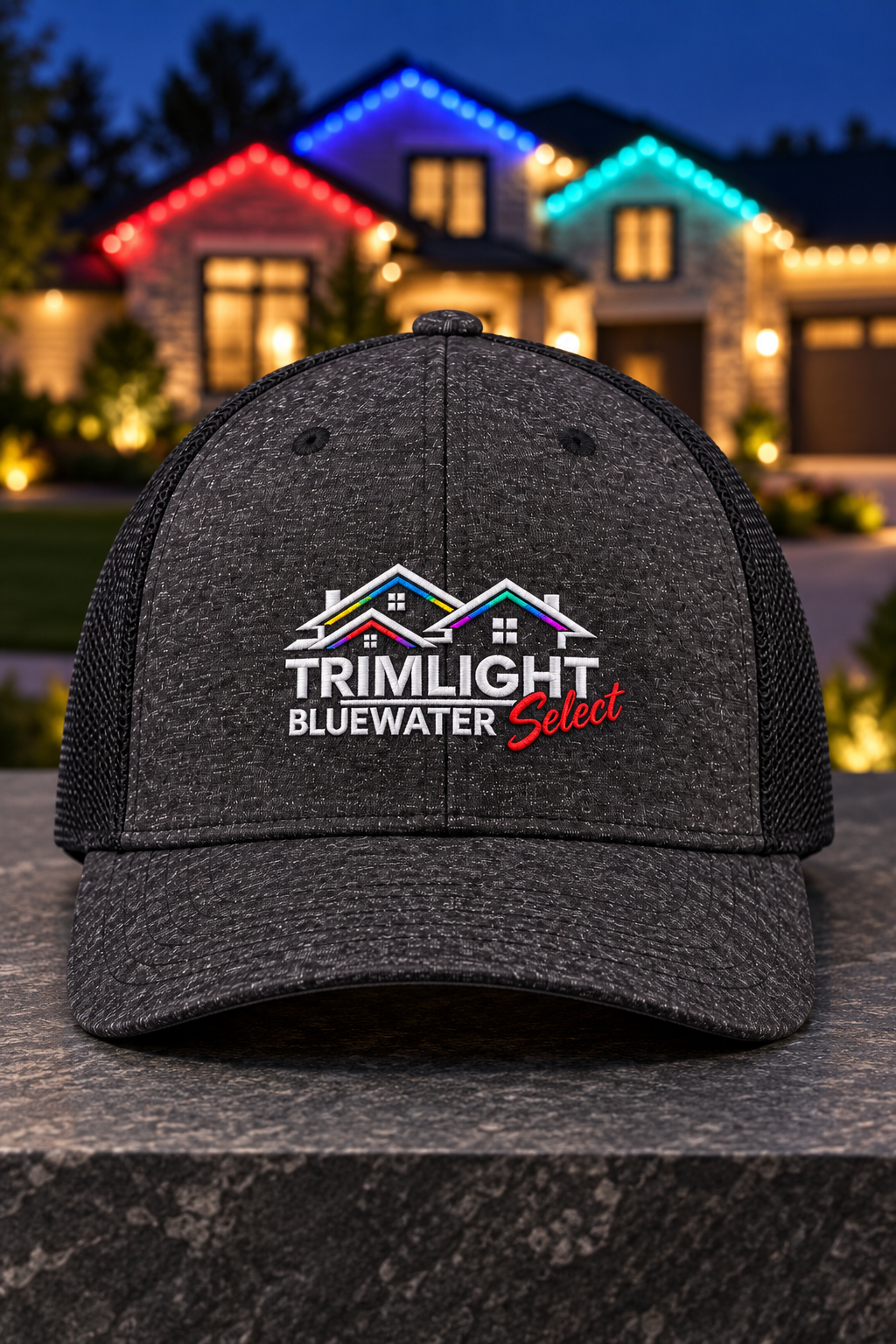 Black / Dark Charcoal Heather | Embroidery | Blue Water Trimlight C302 | Corrected full-color logo | Centered front view