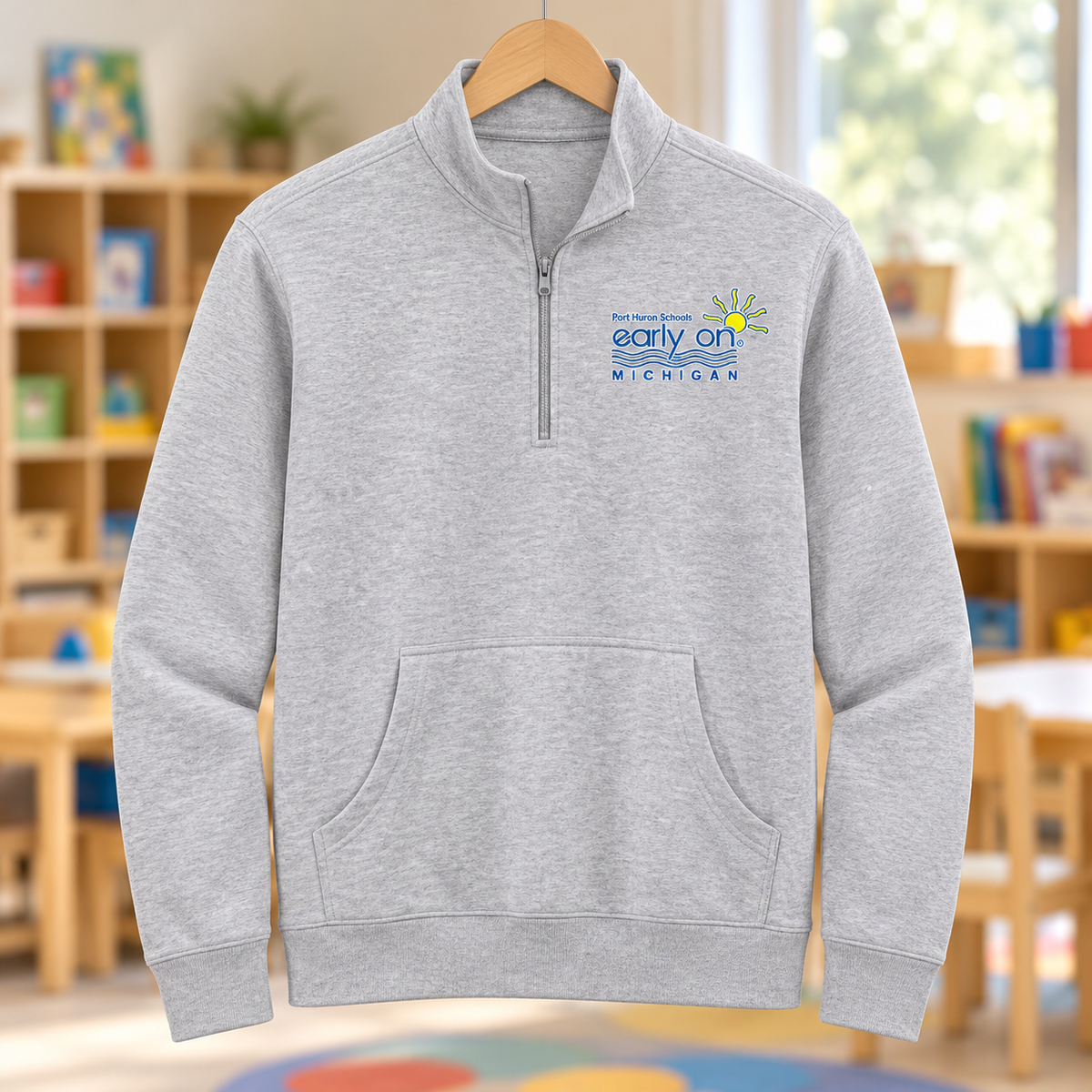 Early On DT6106 ash grey embroidered in an early childhood classroom