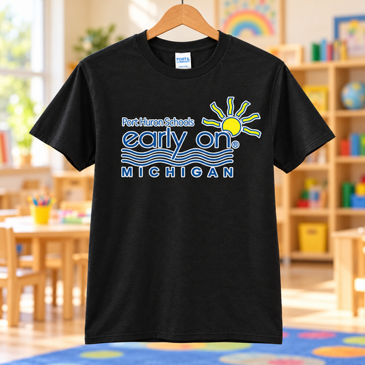 PC55 Black with printed Early On Michigan logo in a classroom