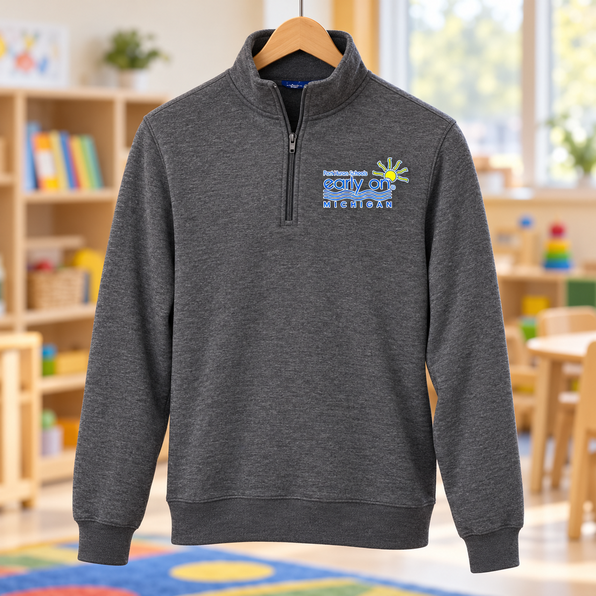 Early On ST253 vintage heather embroidered in an early childhood classroom
