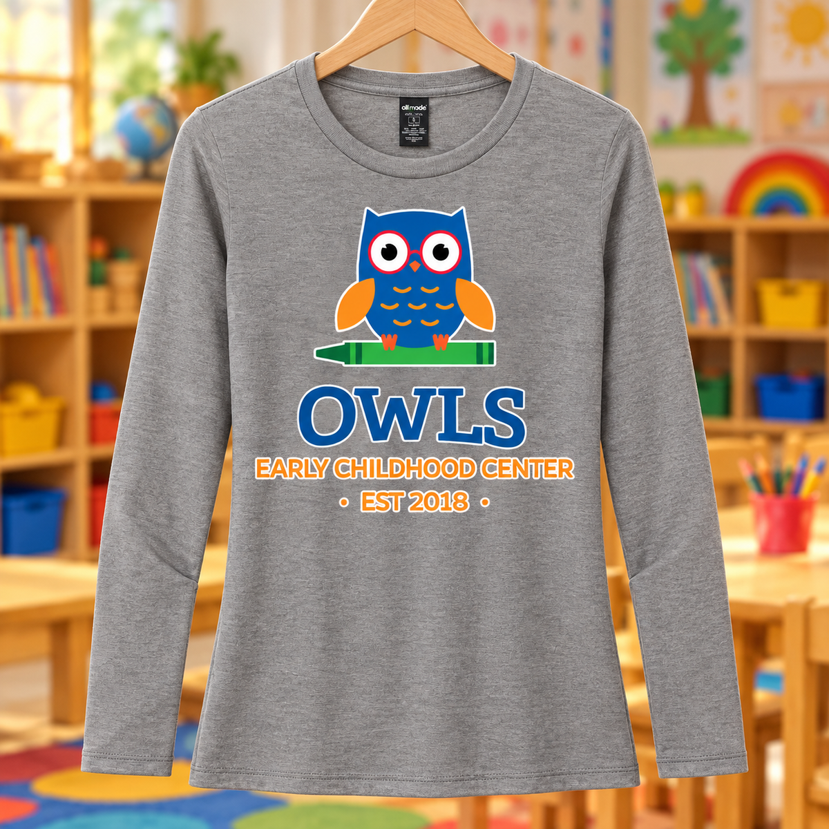 Early Childhood Center AL6008 owls heather school background apparel mockup