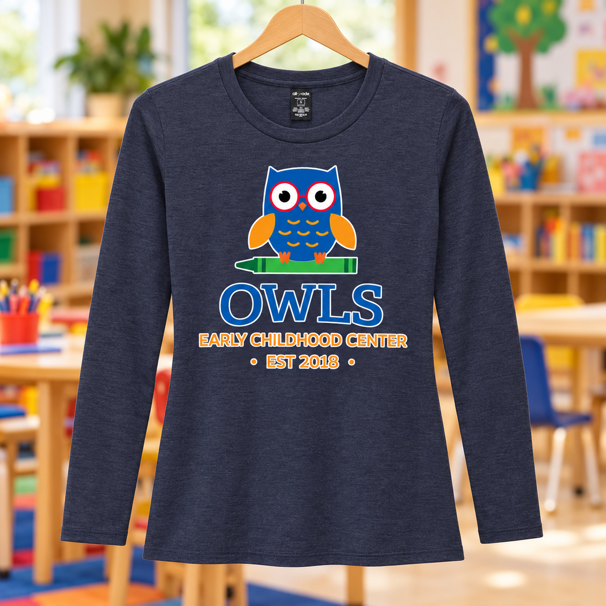 Early Childhood Center AL6008 owls navy school background apparel mockup