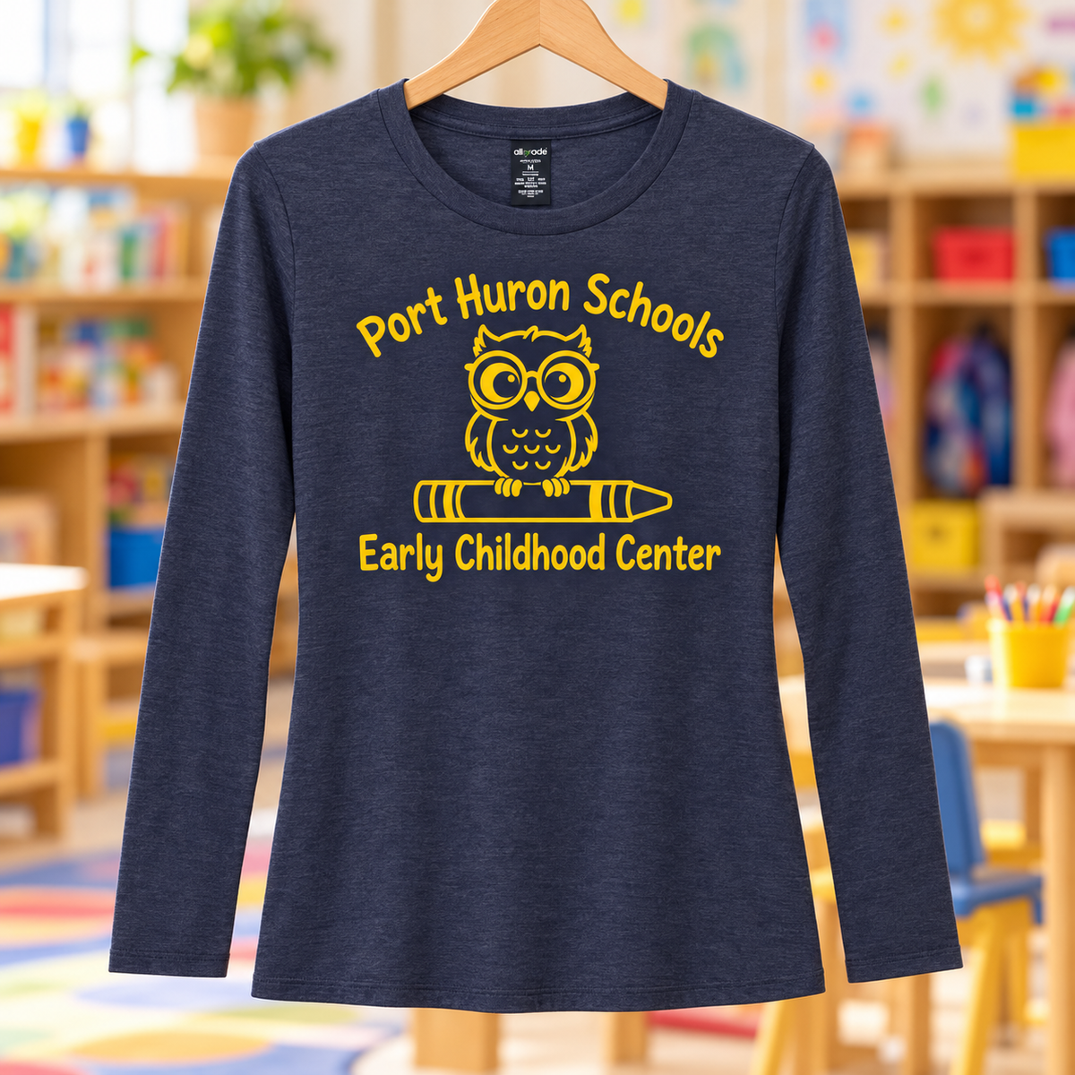 Early Childhood Center AL6008 yellow navy school background apparel mockup