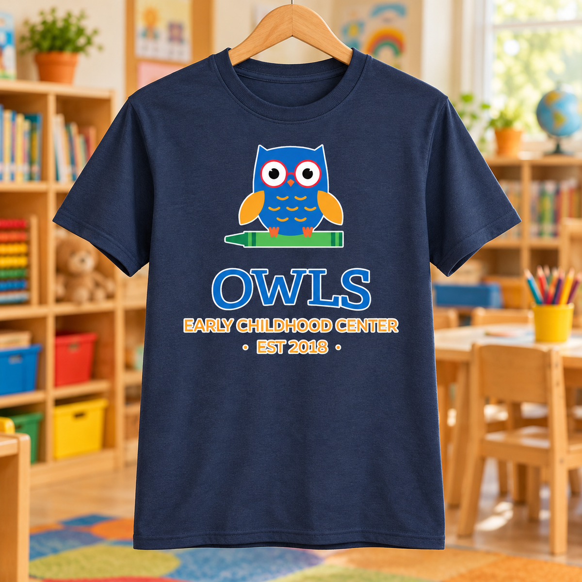 Early Childhood Center PC55 owls navy school background apparel mockup